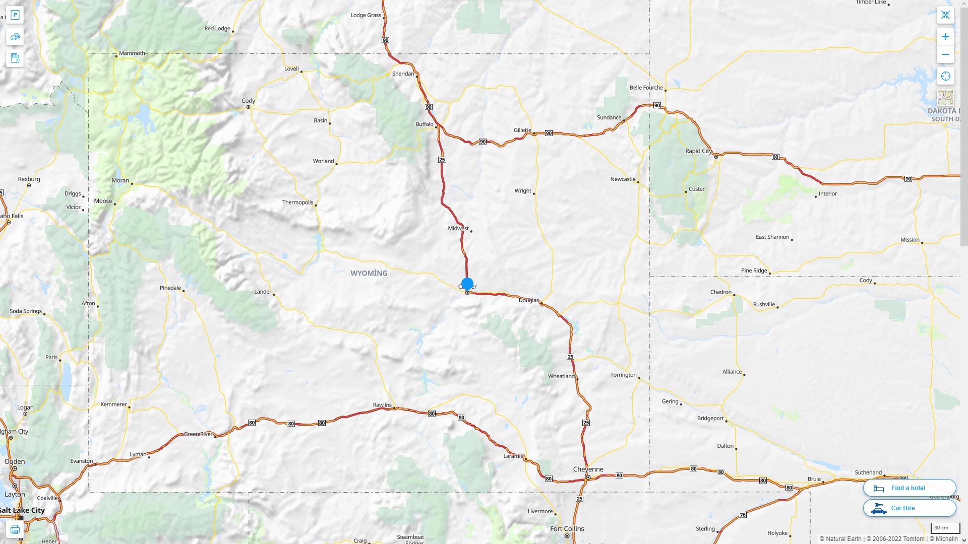 Casper Wyoming Highway and Road Map